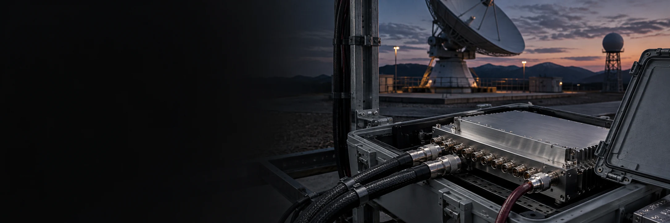 Armoured RF cables connected to a communications module at a satellite ground station