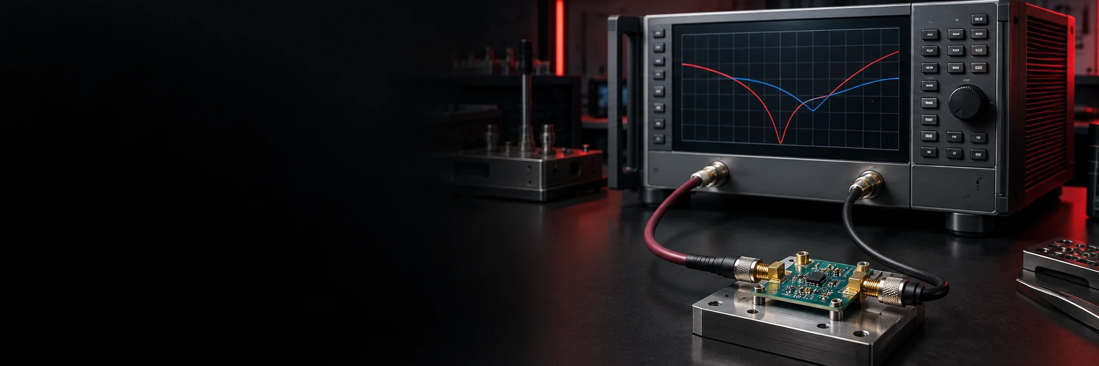 Two RF test cables connecting a vector network analyzer to a PCB device under test